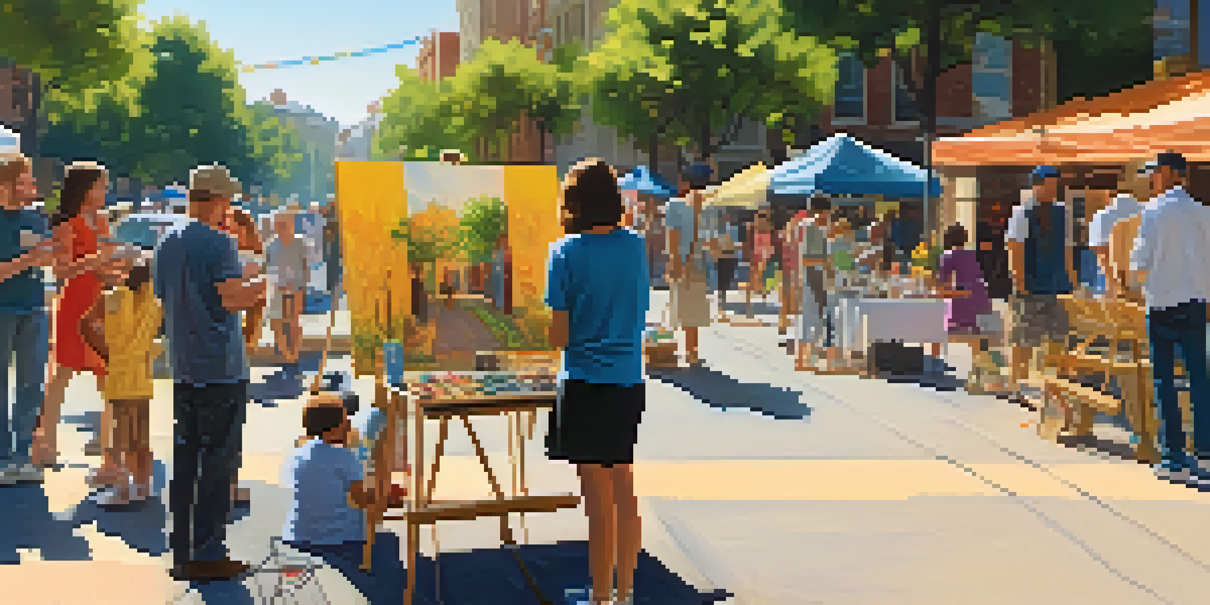 A lively street scene filled with local artists and visitors during an art stroll, with colorful art displays and people engaging in conversation.
