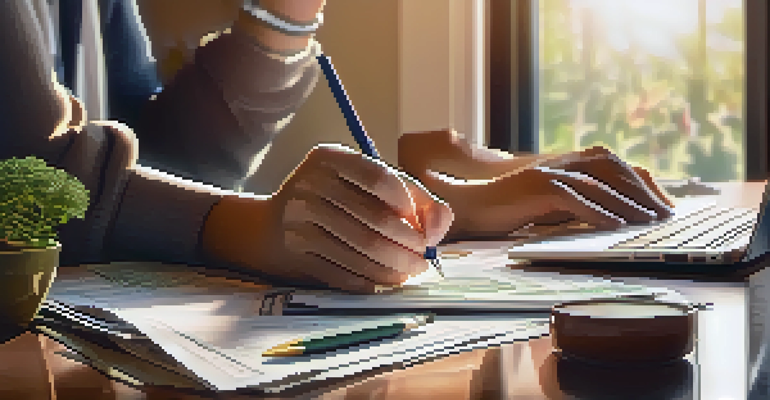 A close-up of hands budgeting at a table with bills and a laptop, emphasizing financial planning.