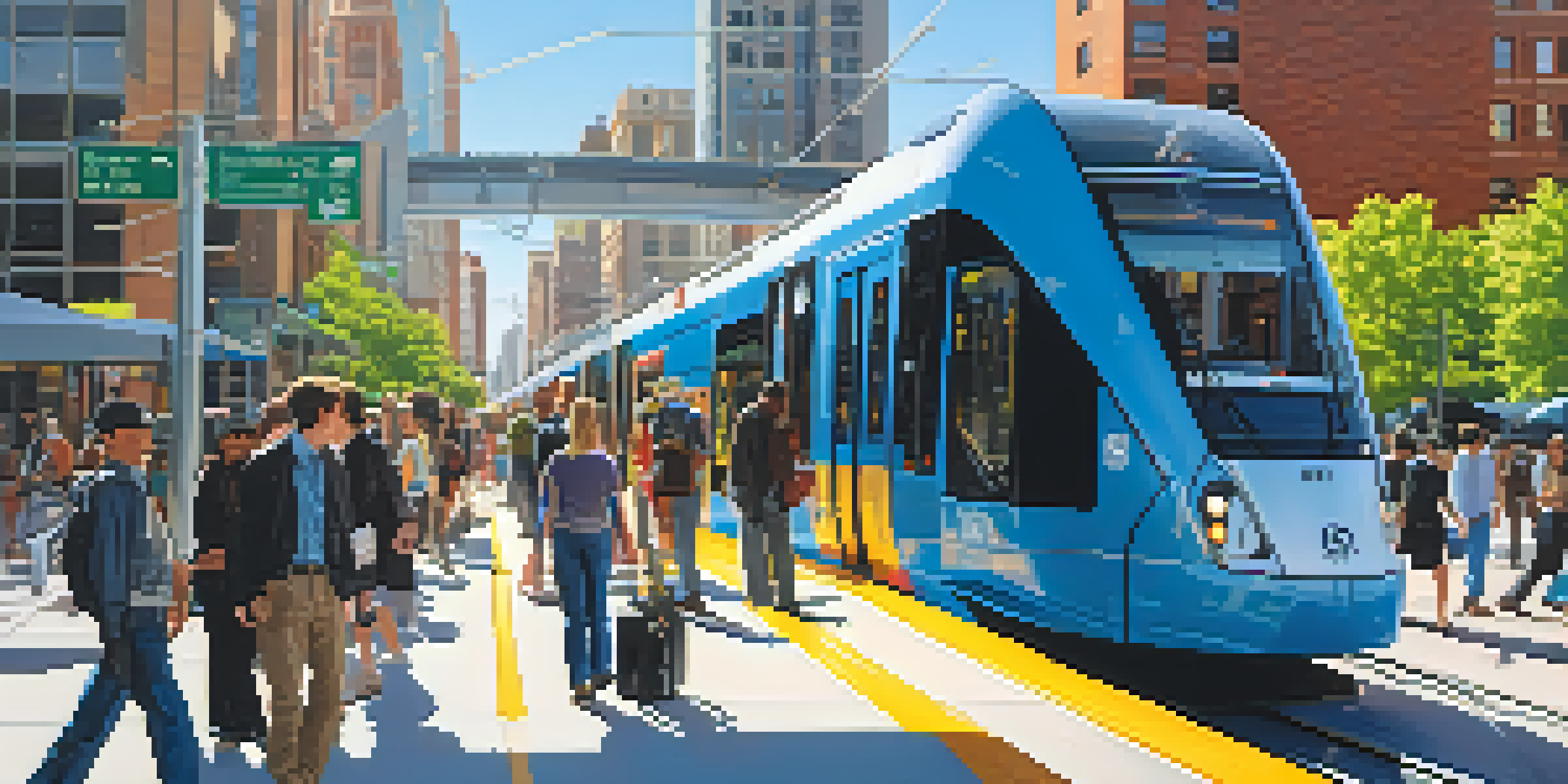A vibrant urban scene in Utah featuring a modern light rail system with commuters and colorful buildings under clear blue skies.