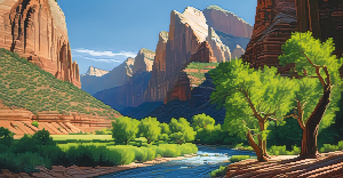 A panoramic view of Zion National Park with red cliffs and a river, showcasing natural beauty and outdoor adventure.