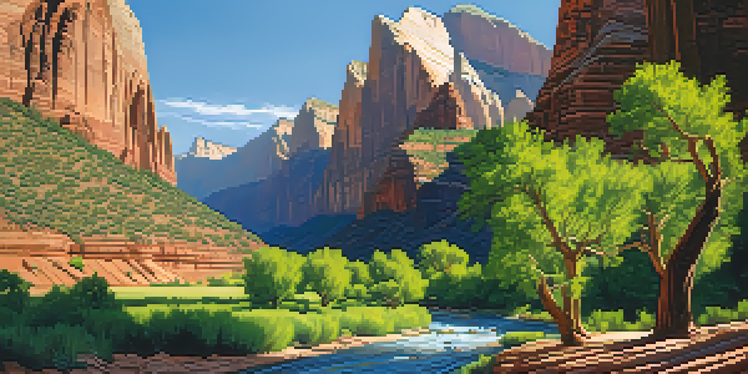 A panoramic view of Zion National Park with red cliffs and a river, showcasing natural beauty and outdoor adventure.