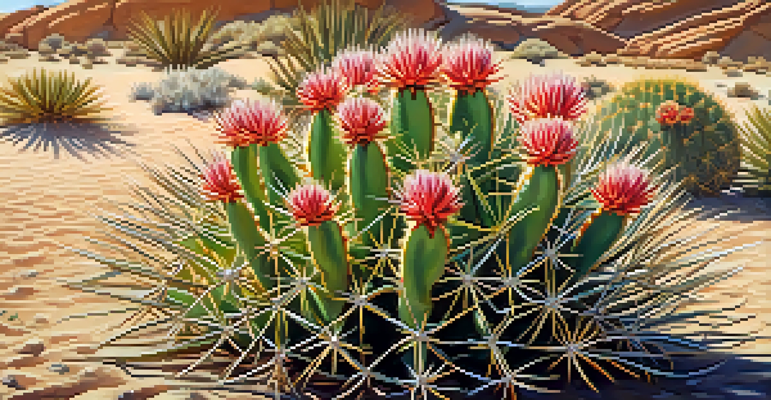 Close-up of blooming cacti in Utah's desert with detailed spines and flowers.