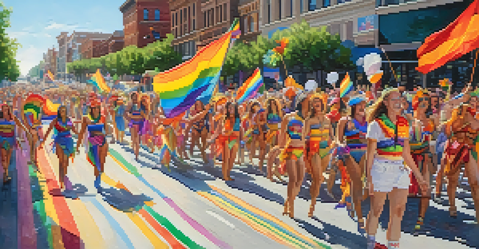 A colorful parade at the Utah Pride Festival with floats and participants in vibrant costumes celebrating diversity.