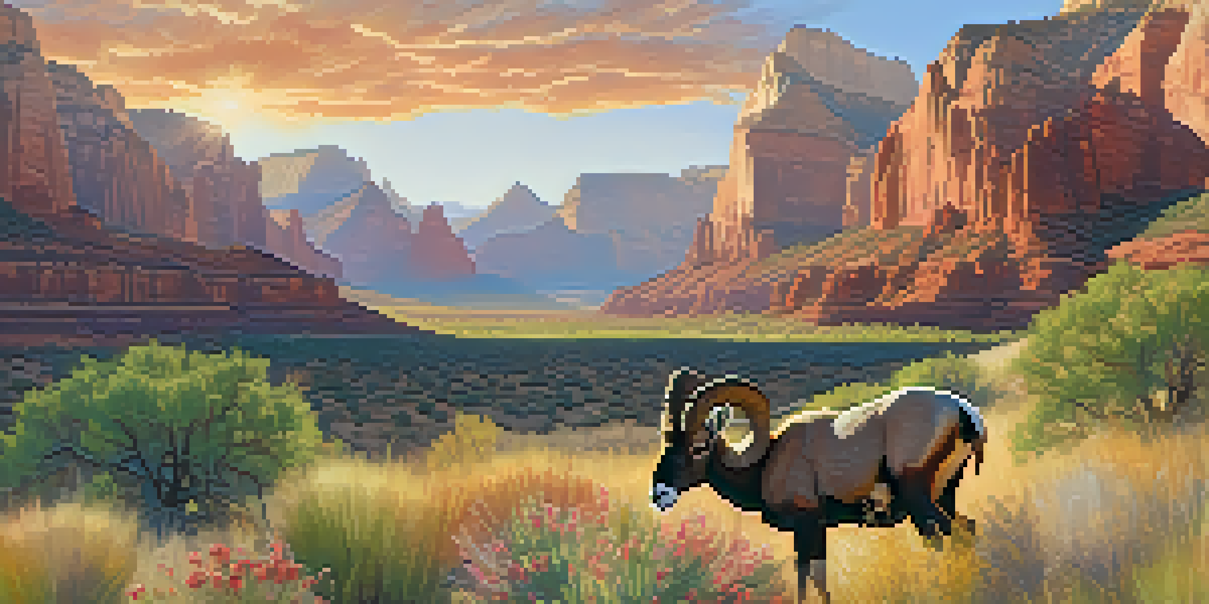 A sunrise view of Zion National Park with red rock cliffs and a desert bighorn sheep grazing among wildflowers.