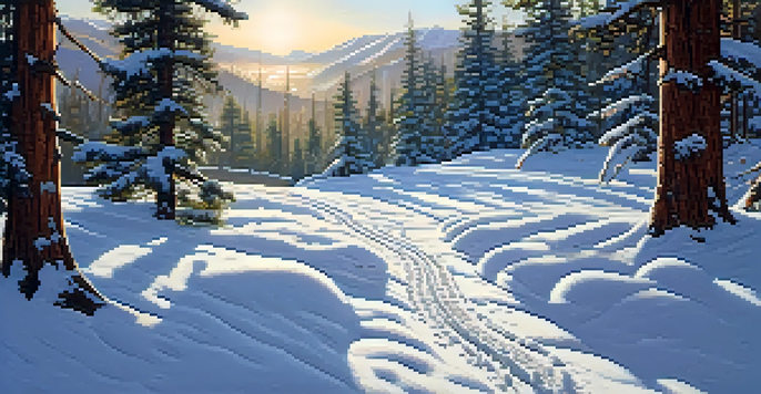 A tranquil winter scene in Utah with snow-laden pine trees and mountains in the background, showcasing snowshoe tracks in fresh snow.