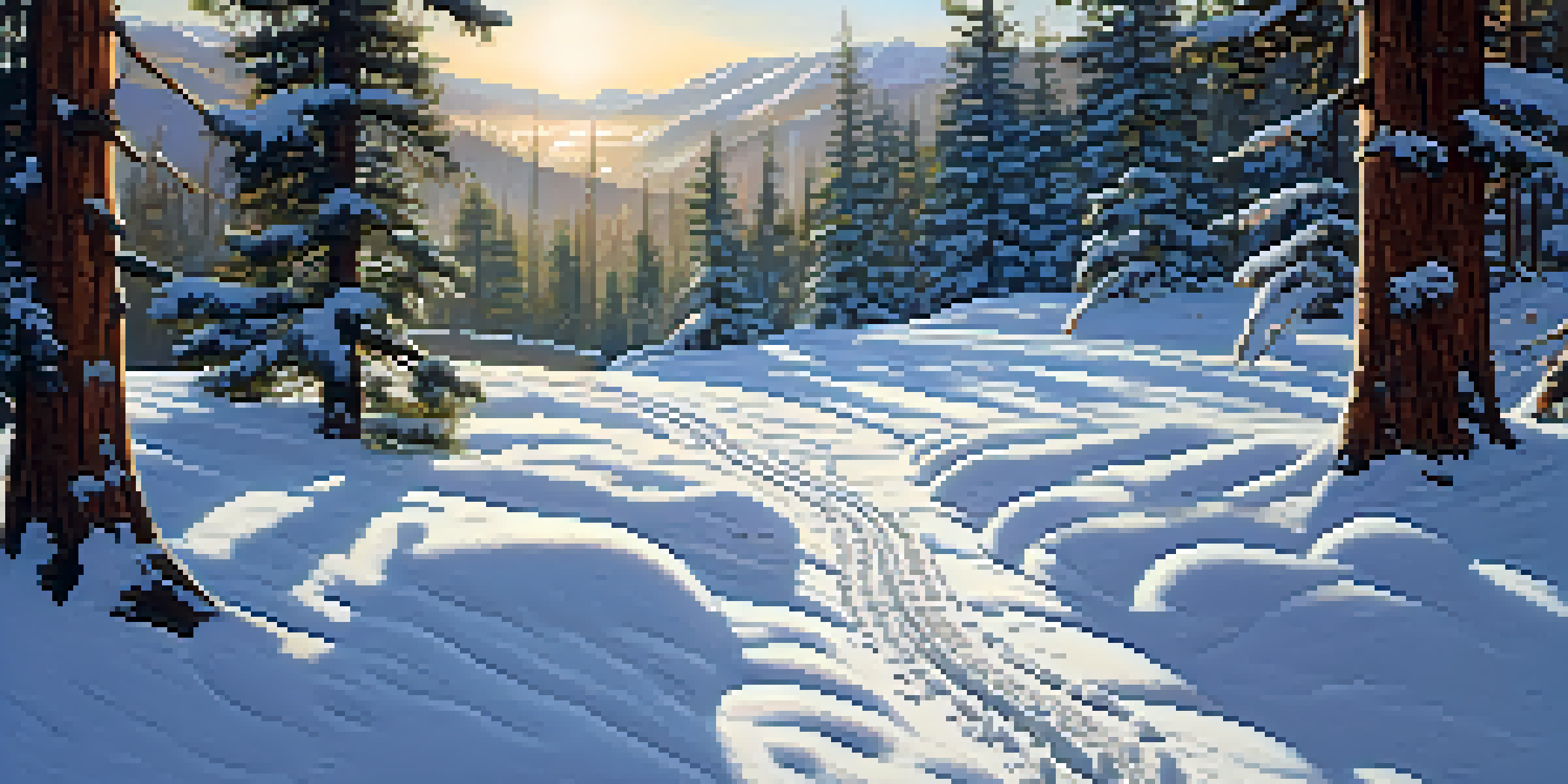 A tranquil winter scene in Utah with snow-laden pine trees and mountains in the background, showcasing snowshoe tracks in fresh snow.