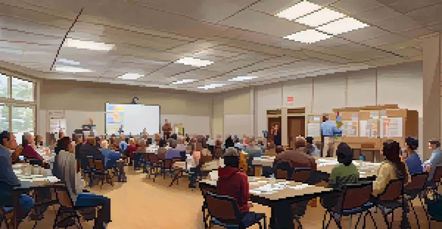 A community meeting in a town hall focused on wildfire preparedness, with residents listening to a speaker and viewing safety charts.