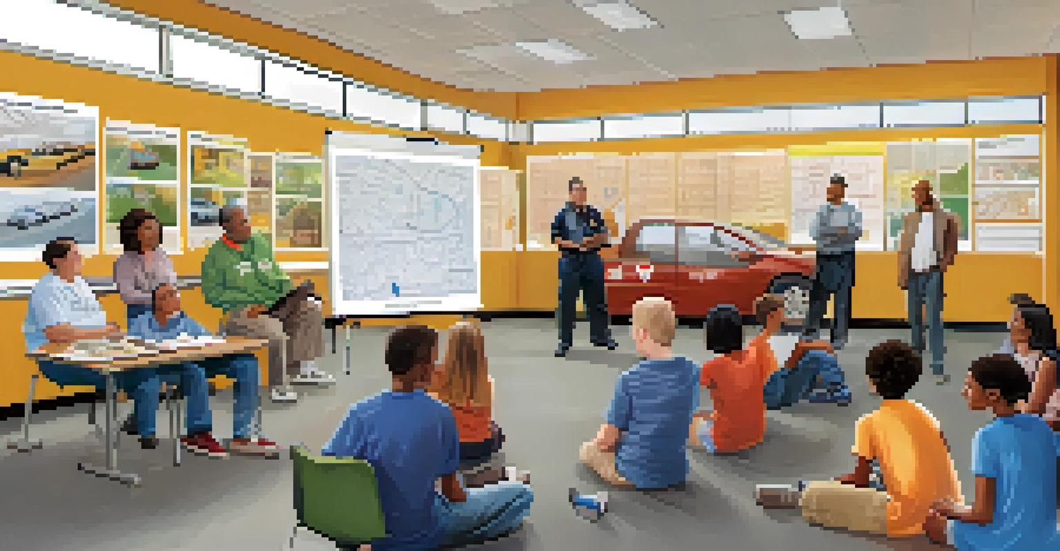 A community workshop on safe driving practices with diverse adults learning and engaging with an instructor.