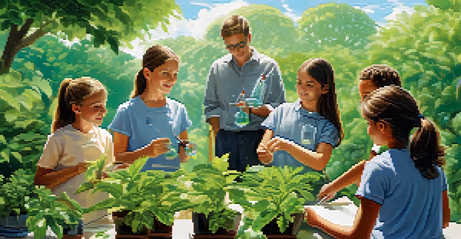 A teacher with students conducting a science lesson outdoors, surrounded by nature.