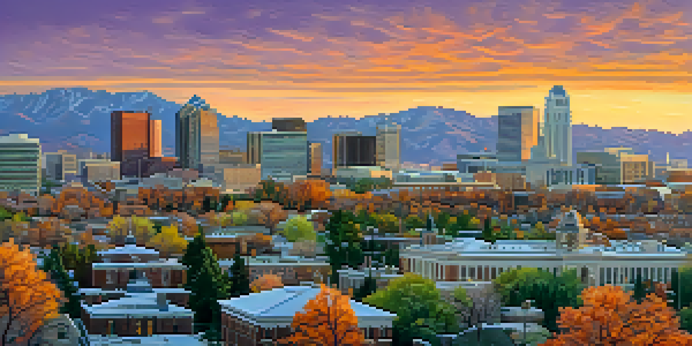 A panoramic view of Salt Lake City skyline at sunset with modern and historical buildings, vibrant sky colors, and green parks in the foreground.