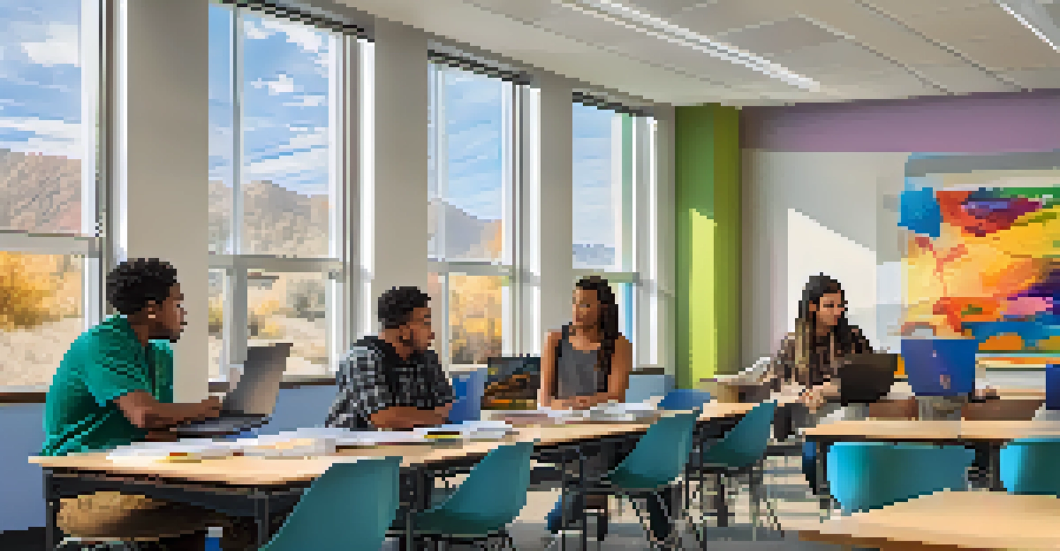 A modern classroom filled with diverse students working together on laptops, with educational posters and bright natural light.