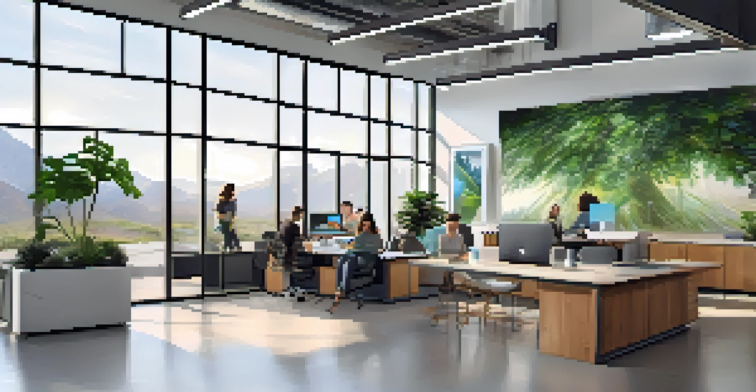A modern tech startup office in Utah with natural light, sleek furniture, and individuals collaborating in a creative environment.