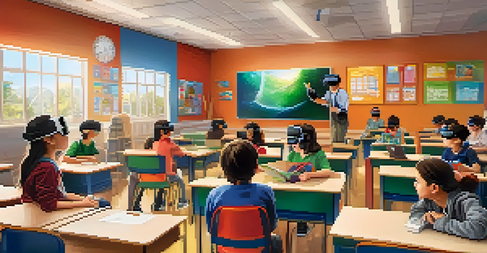 A classroom filled with students wearing virtual reality headsets, engaged in a lesson with a teacher guiding them. The room is bright and colorful with educational materials.
