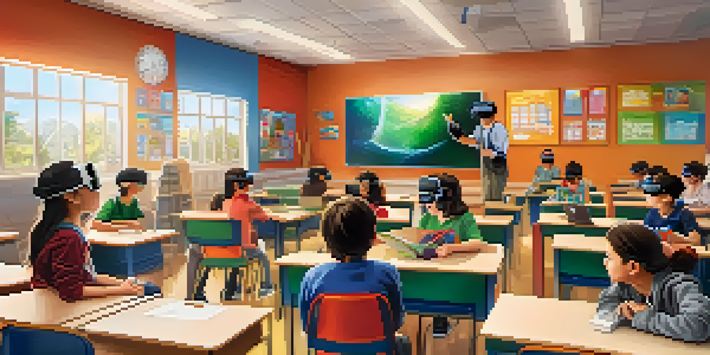 A classroom filled with students wearing virtual reality headsets, engaged in a lesson with a teacher guiding them. The room is bright and colorful with educational materials.