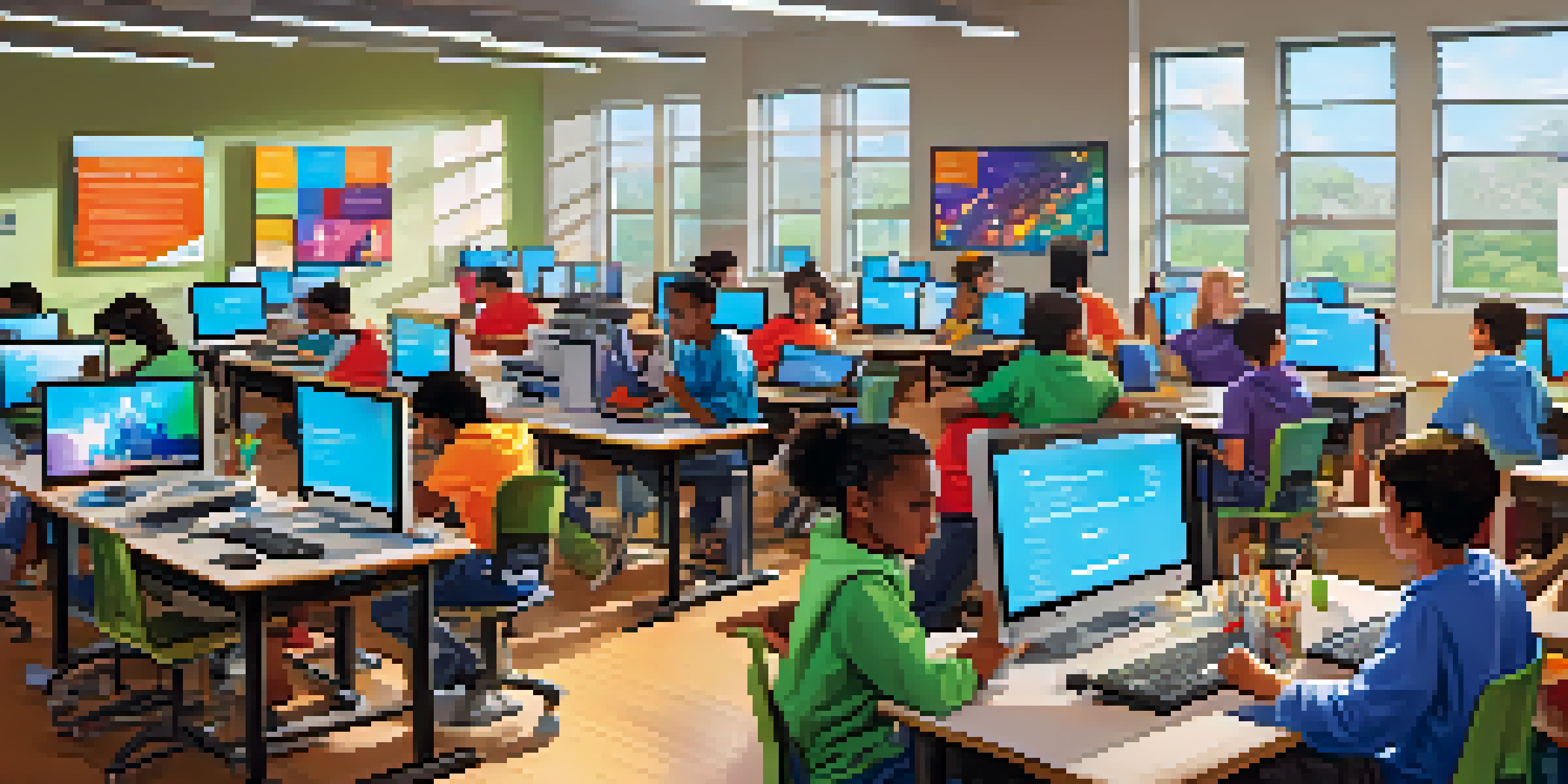 A diverse group of students participating in a technology workshop with computers and coding screens in a well-lit classroom.