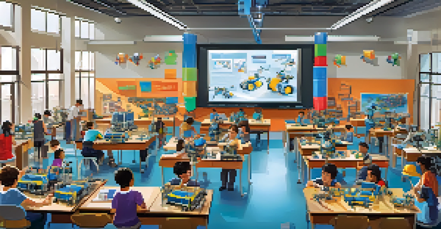 Students participating in a robotics competition in a bright, colorful classroom filled with excitement.
