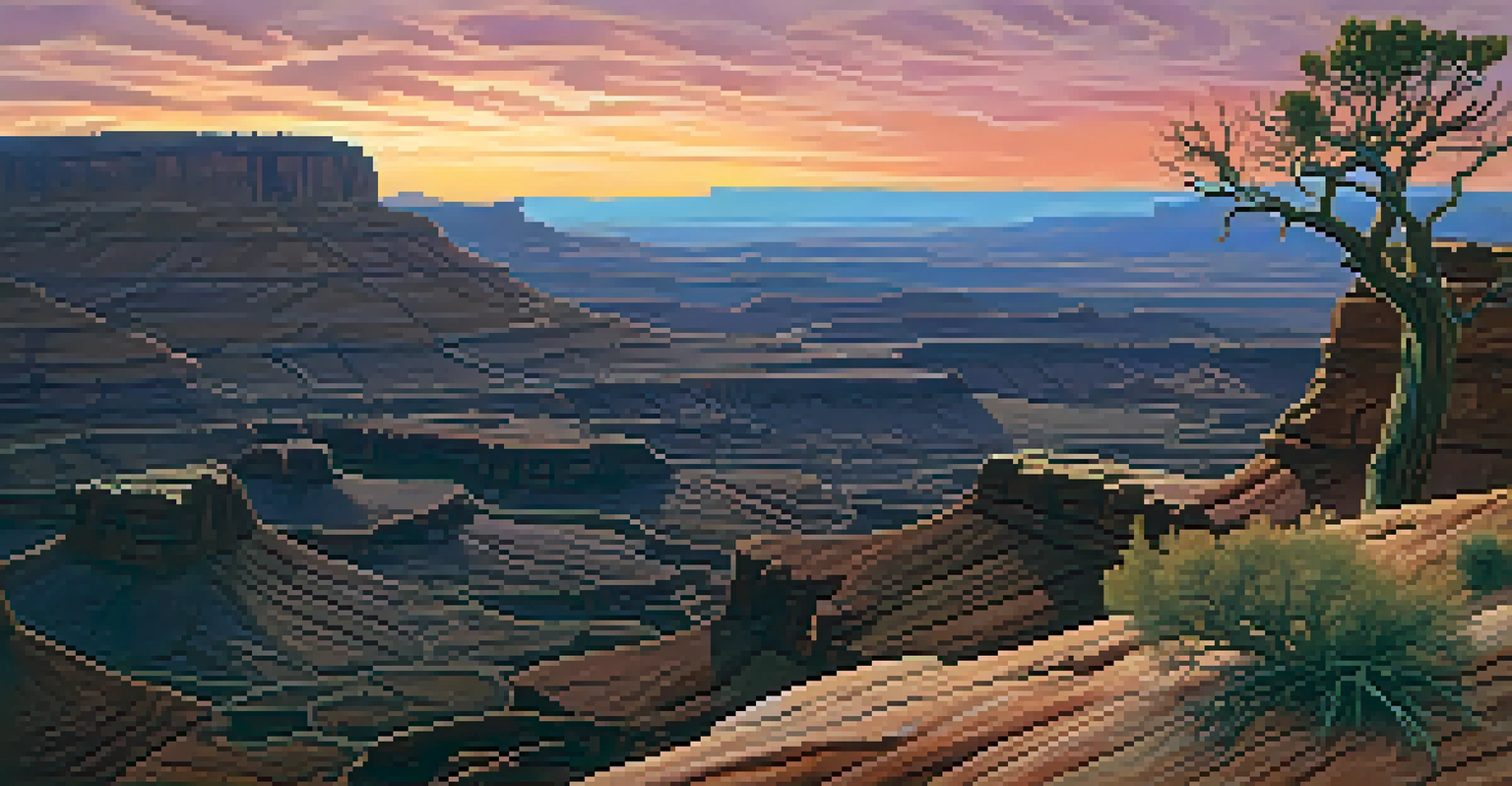 A dramatic sunset view of Canyonlands National Park with canyons and a silhouette of a tree.