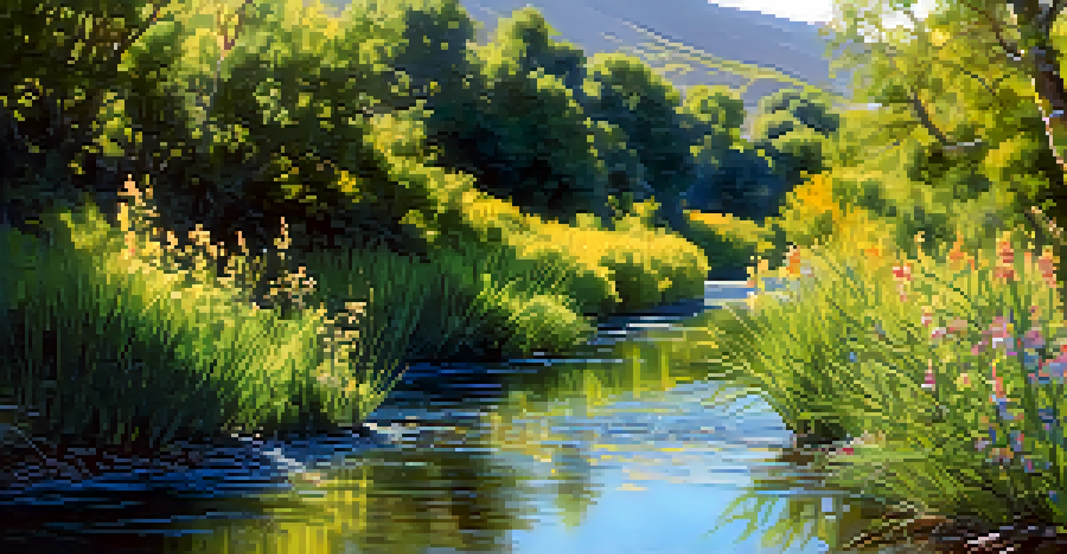 A vibrant riverbank along the Bear River with blooming flowers and birds in a sunlit environment.