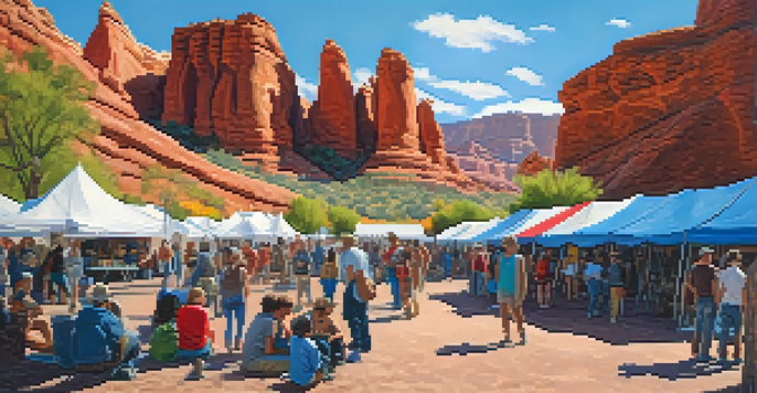 An outdoor art festival in Utah with artists displaying their work and visitors engaging with colorful tents and red rock formations in the background.