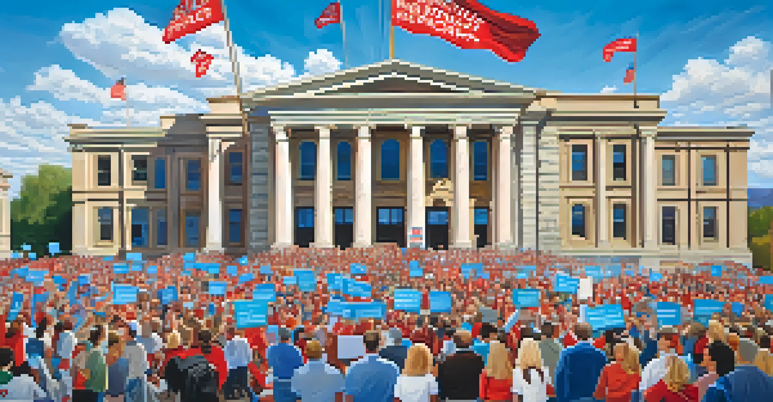 An outdoor campaign rally with supporters holding signs for education and healthcare reform in front of a historic building.