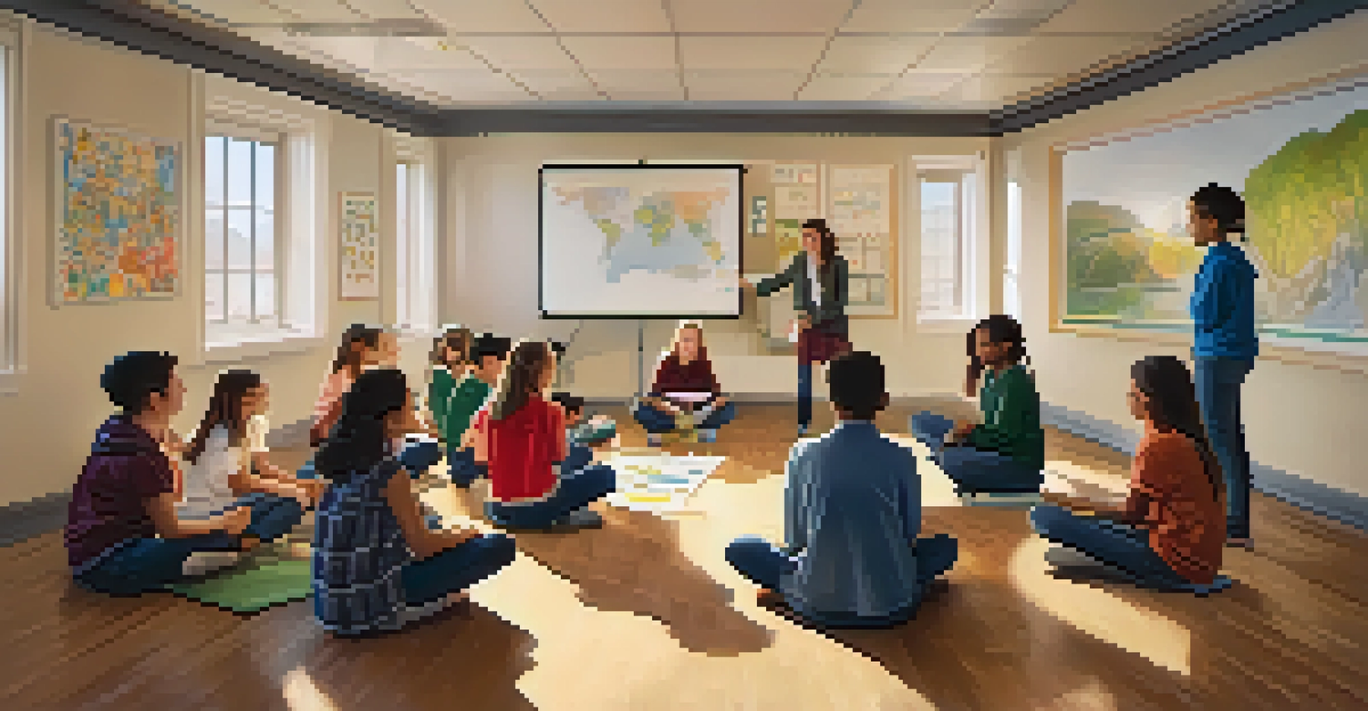 A small group of students and a teacher engaged in a hands-on activity in a cozy classroom.