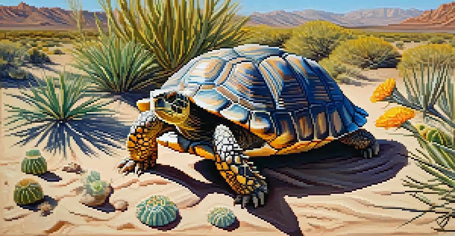 Close-up of a desert tortoise resting on sand surrounded by desert plants.