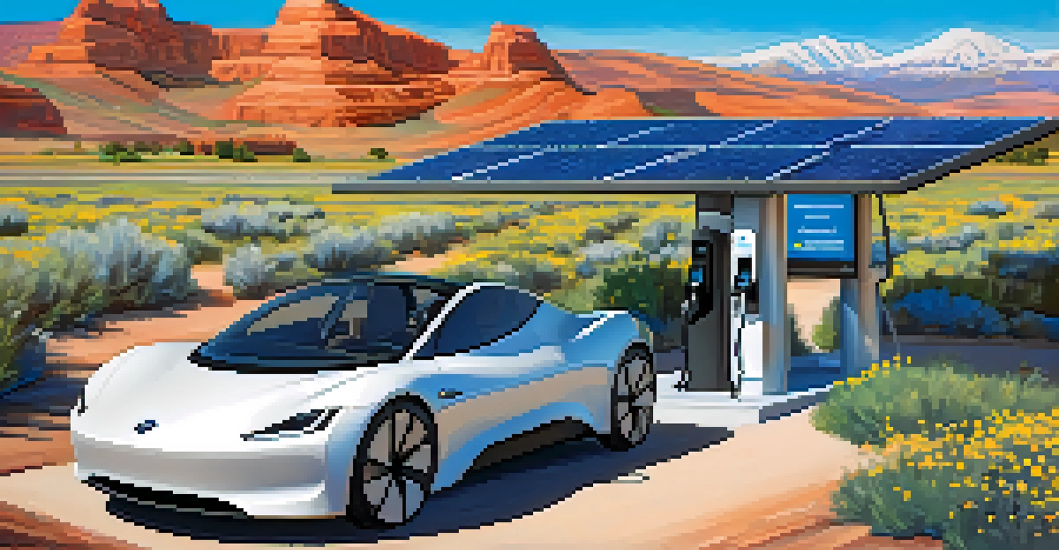 A solar-powered electric vehicle charging station in a beautiful Utah landscape with mountains and blue skies, surrounded by colorful wildflowers.