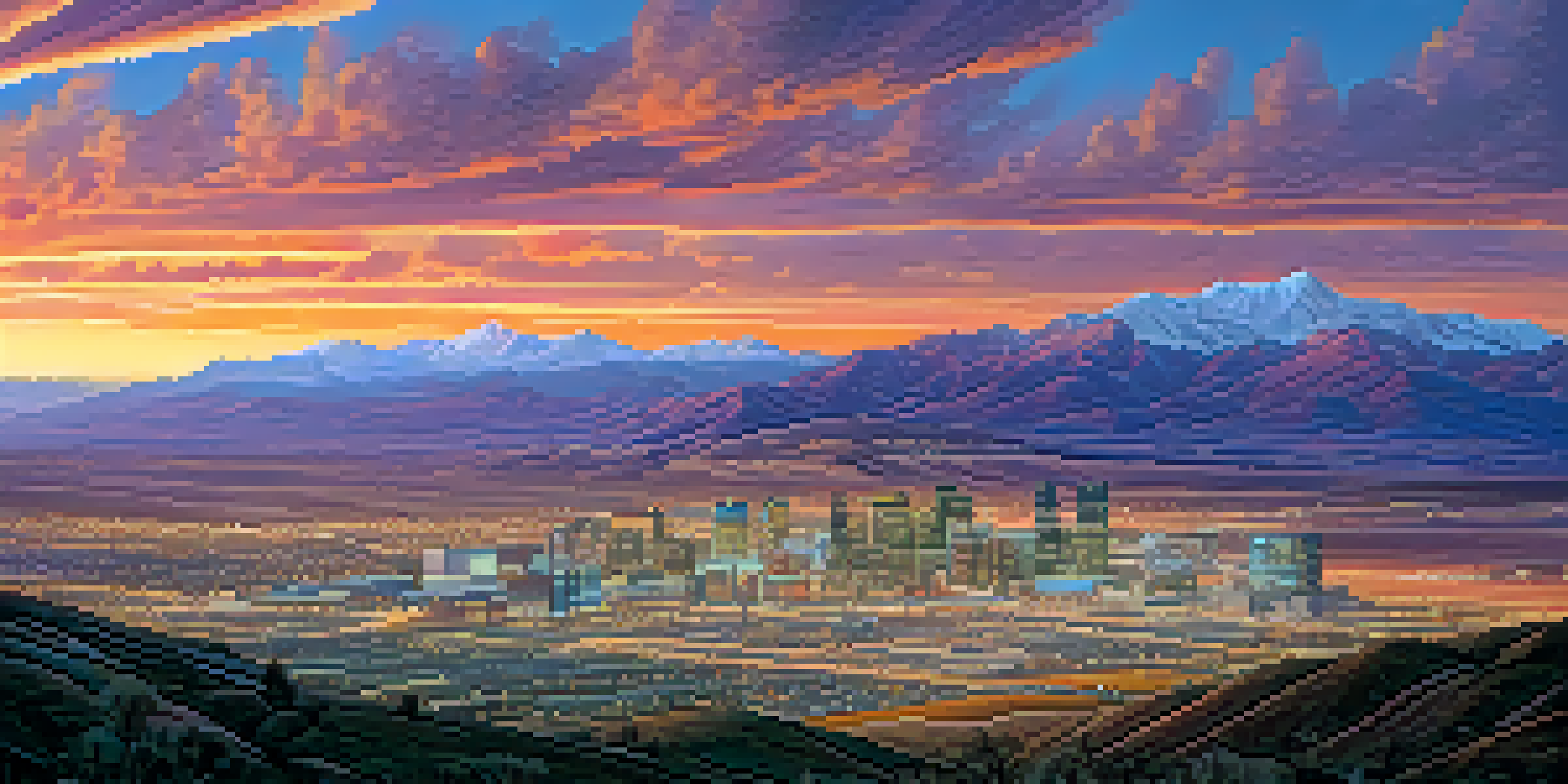 A panoramic view of Utah's landscape at sunset, with rolling hills and modern tech buildings, complemented by the Wasatch Mountains in the background.