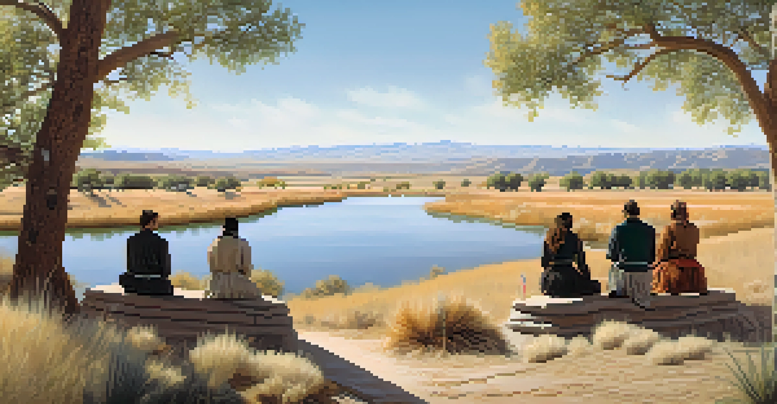 A tranquil view of the Bear River Massacre site with rolling hills, a calm river, and individuals reflecting at a memorial marker surrounded by nature.