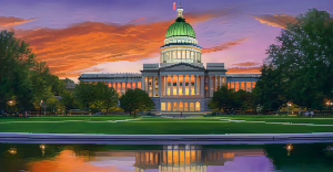 A sunset view of the Utah State Capitol building with vibrant colors in the sky and people engaging in discussions on the lawn.