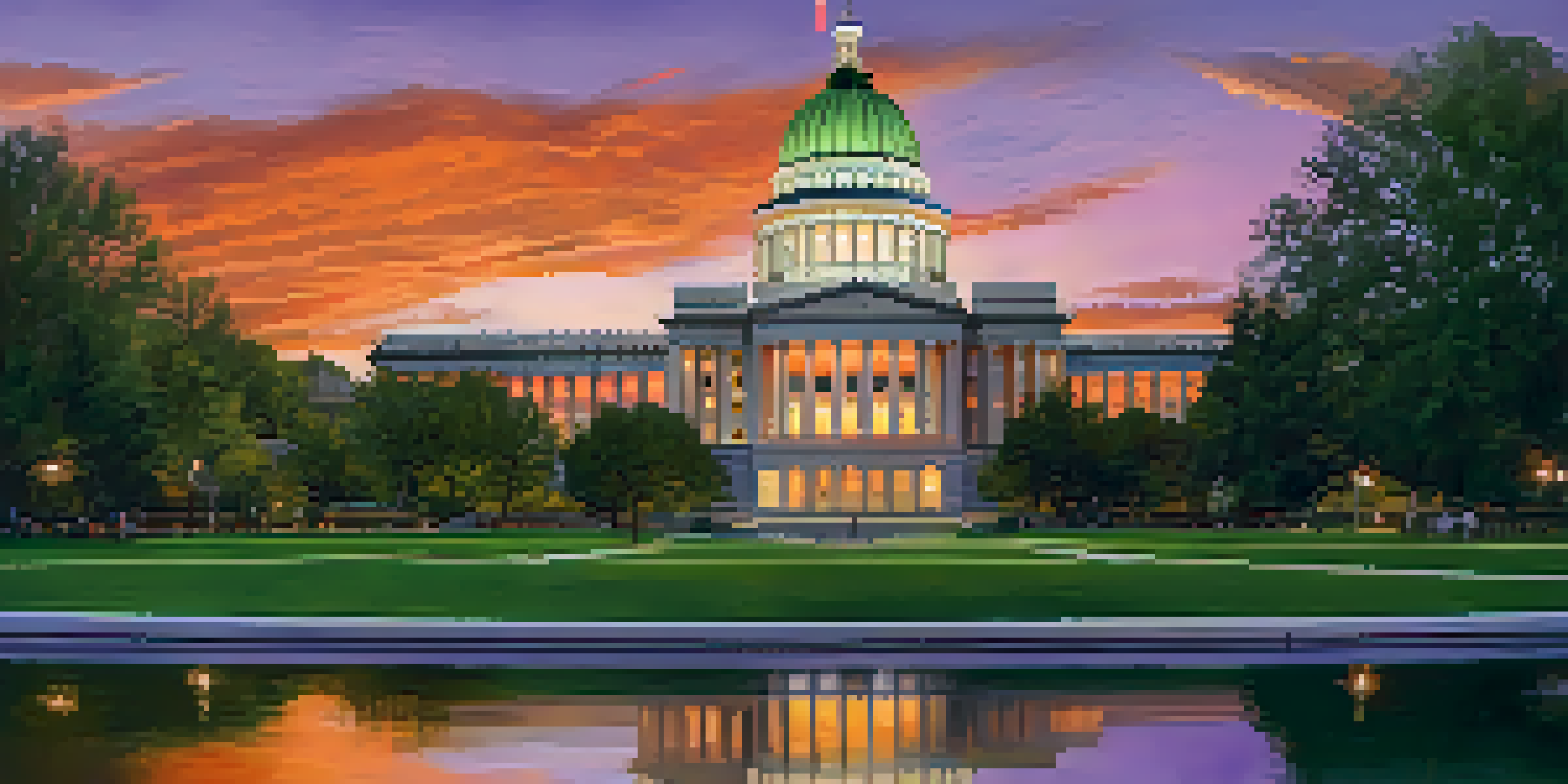 A sunset view of the Utah State Capitol building with vibrant colors in the sky and people engaging in discussions on the lawn.