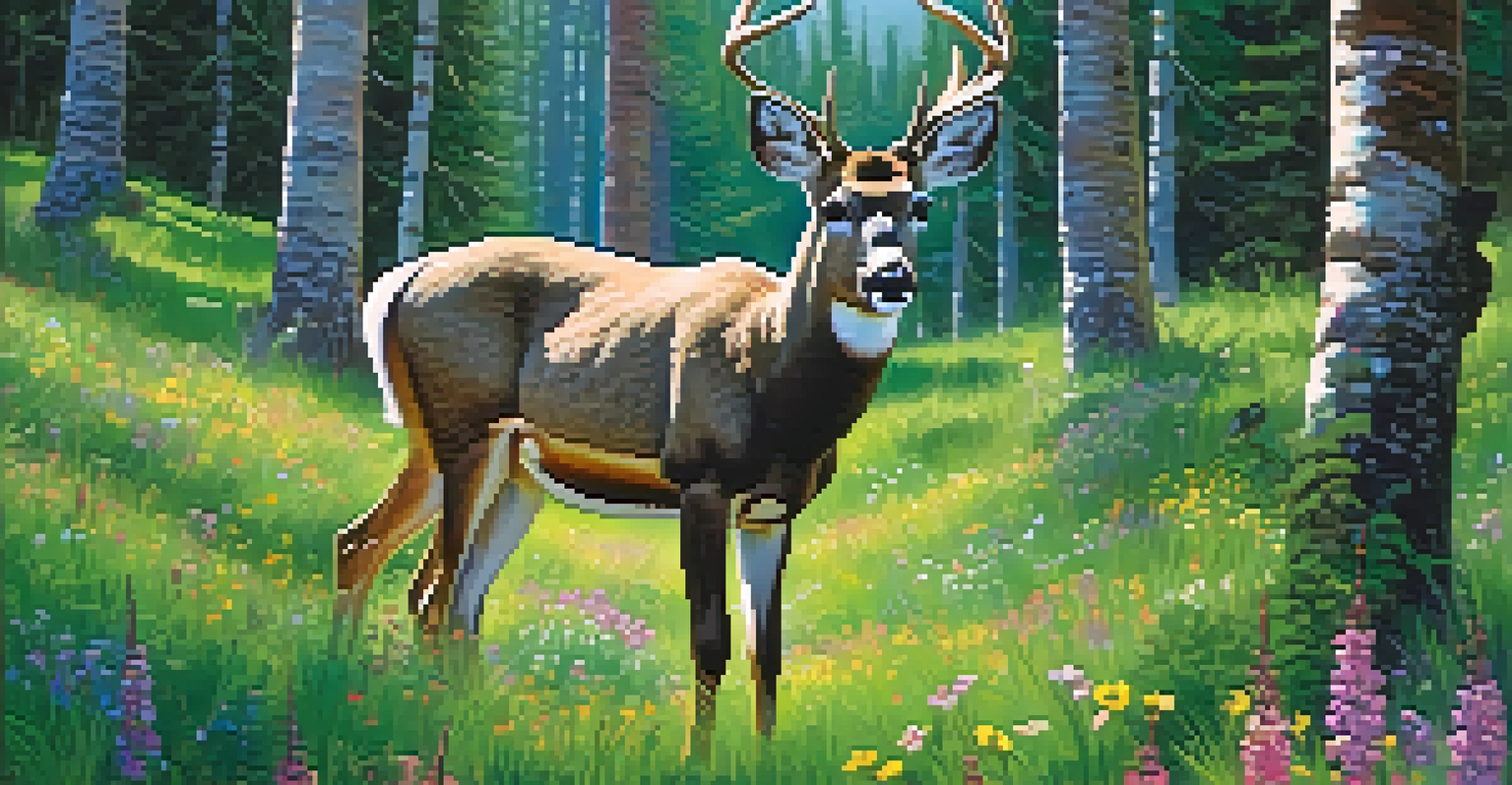 Close-up of a mule deer in a blooming forest, with morning light filtering through the trees.