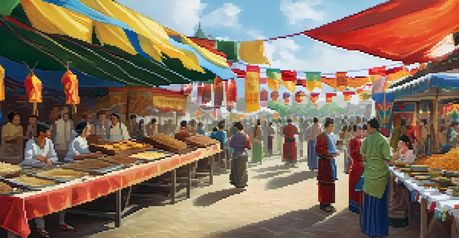 Food stalls at the World Village Festival featuring various cultural cuisines, with attendees enjoying food and performances.