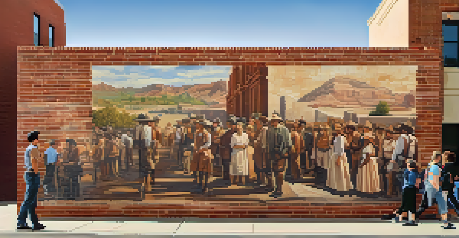 A mural depicting Utah's historical events on a brick wall, with people admiring it in an urban setting.