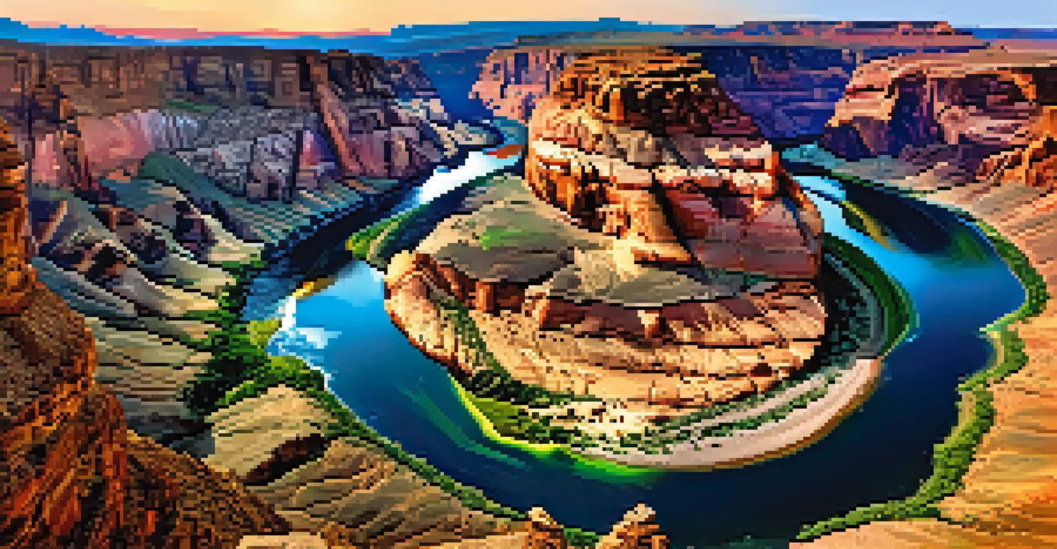 A wide view of the Colorado River in the Grand Canyon during sunset, highlighting the colorful rock formations and clear sky.