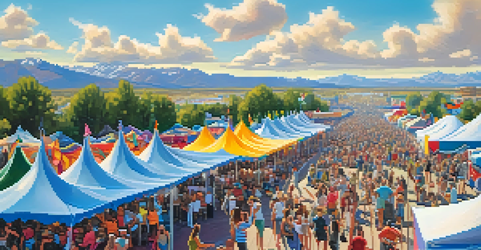 A lively outdoor festival in Utah with colorful tents, local artists showcasing their work, and musicians performing on stage with a bright blue sky.