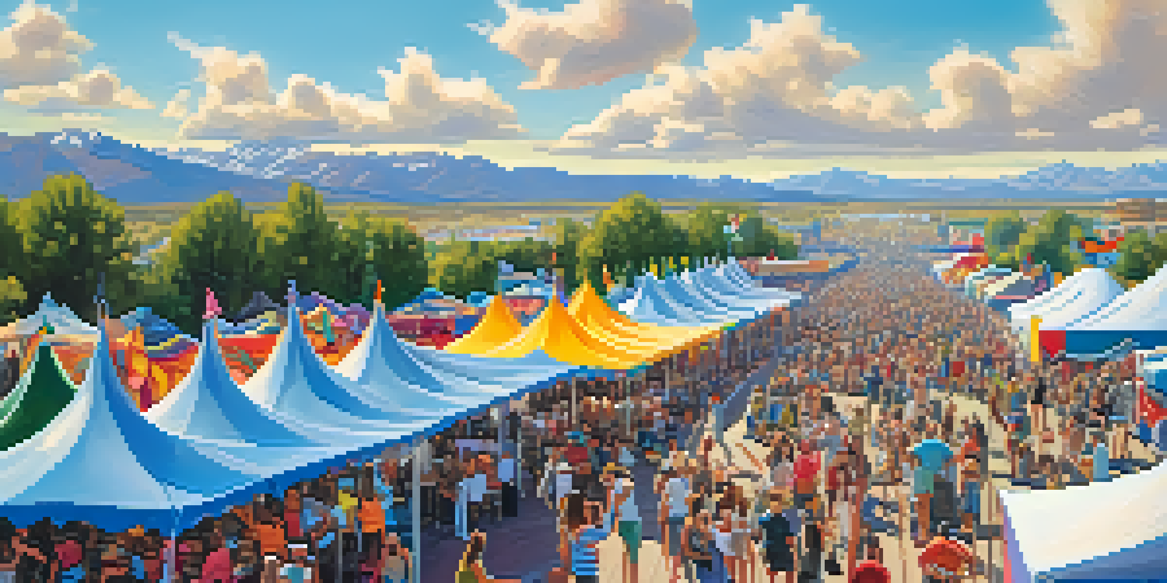 A lively outdoor festival in Utah with colorful tents, local artists showcasing their work, and musicians performing on stage with a bright blue sky.