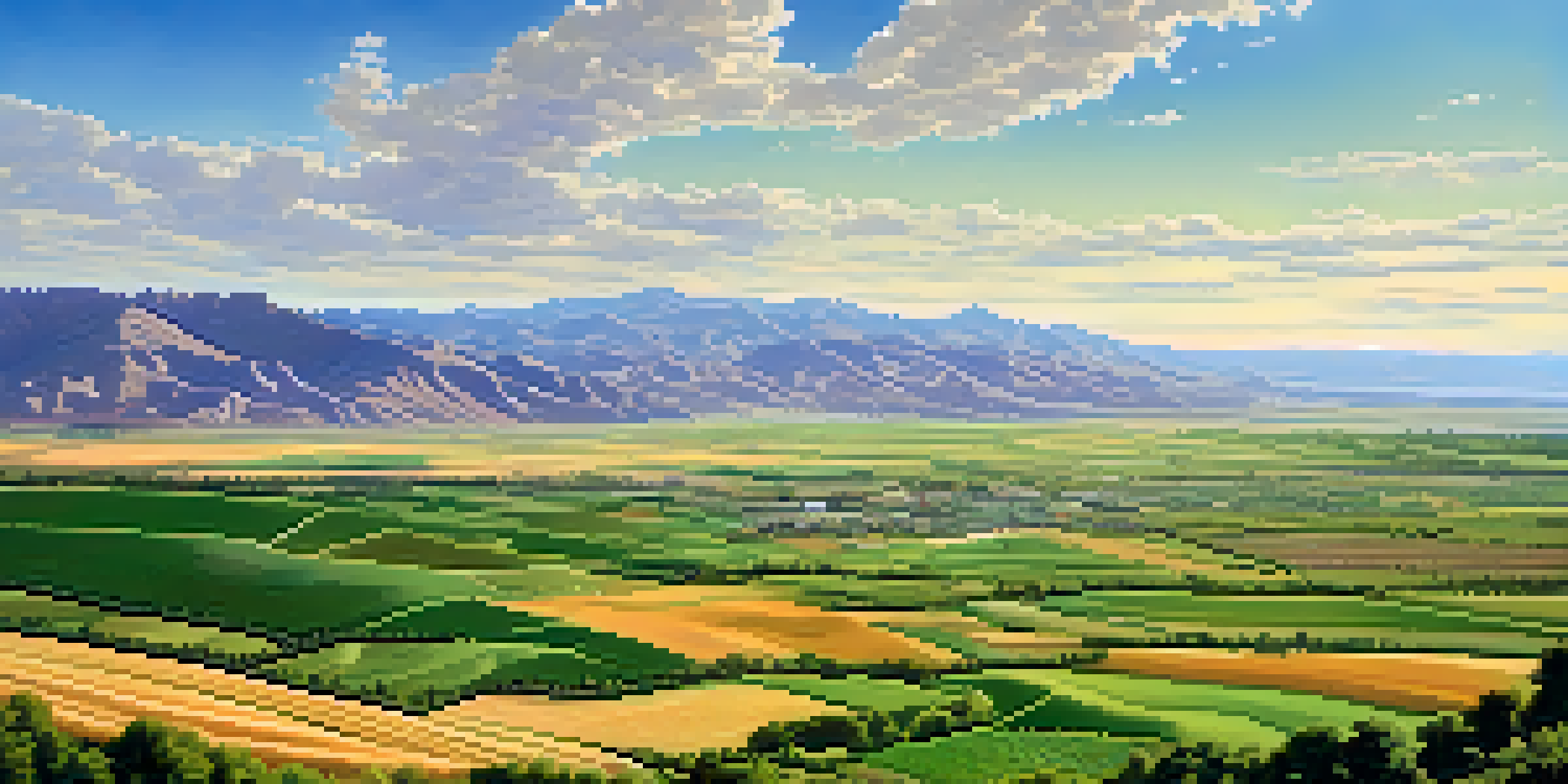 A wide view of Utah's agricultural fields with different crops and mountains in the background under a blue sky.