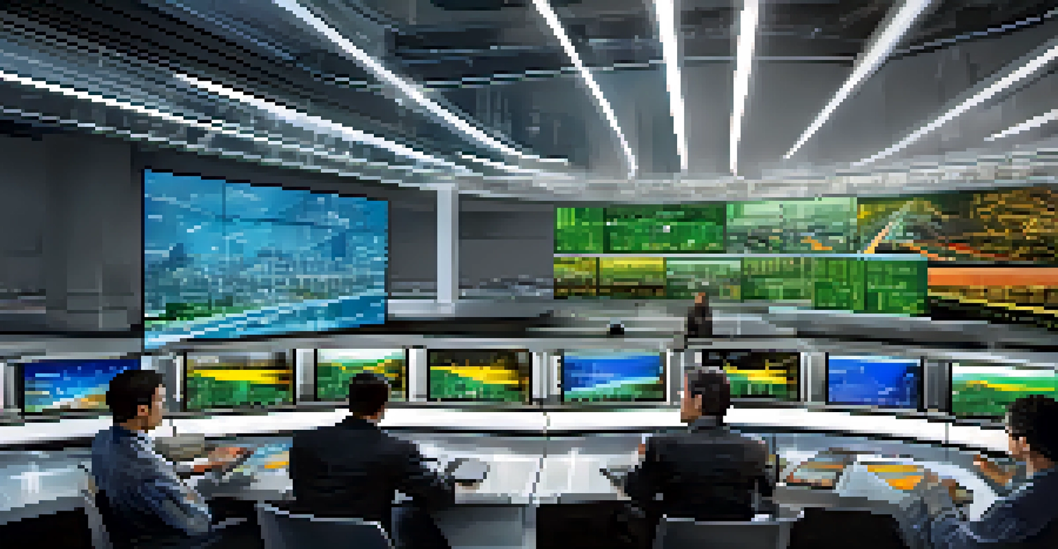 A modern traffic management center with engineers analyzing data on screens and discussing urban planning.