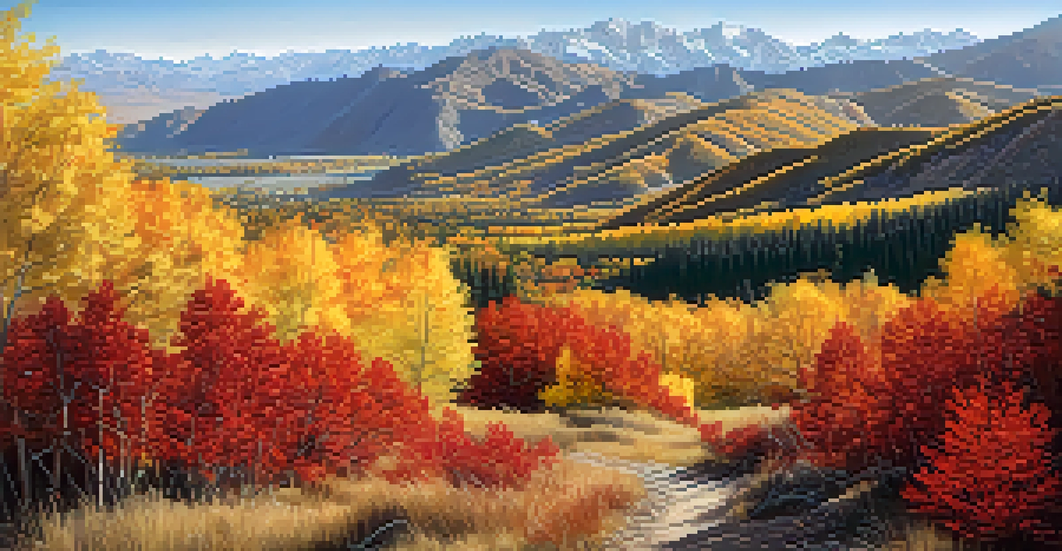 A colorful autumn forest in Utah with vibrant foliage and a hiking trail.