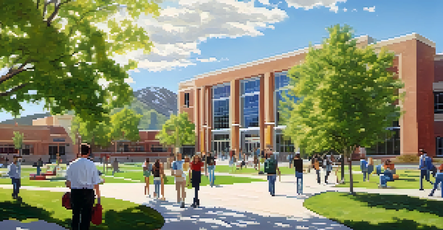 A sunny outdoor community college campus in Utah with students walking, chatting, and studying amidst greenery and mountains.