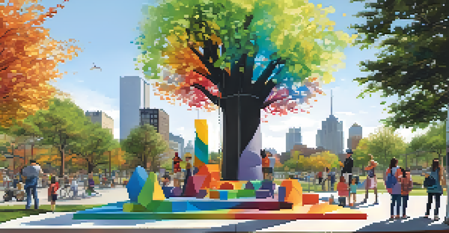 An interactive art installation made from recycled materials in a park, with families enjoying the environment.
