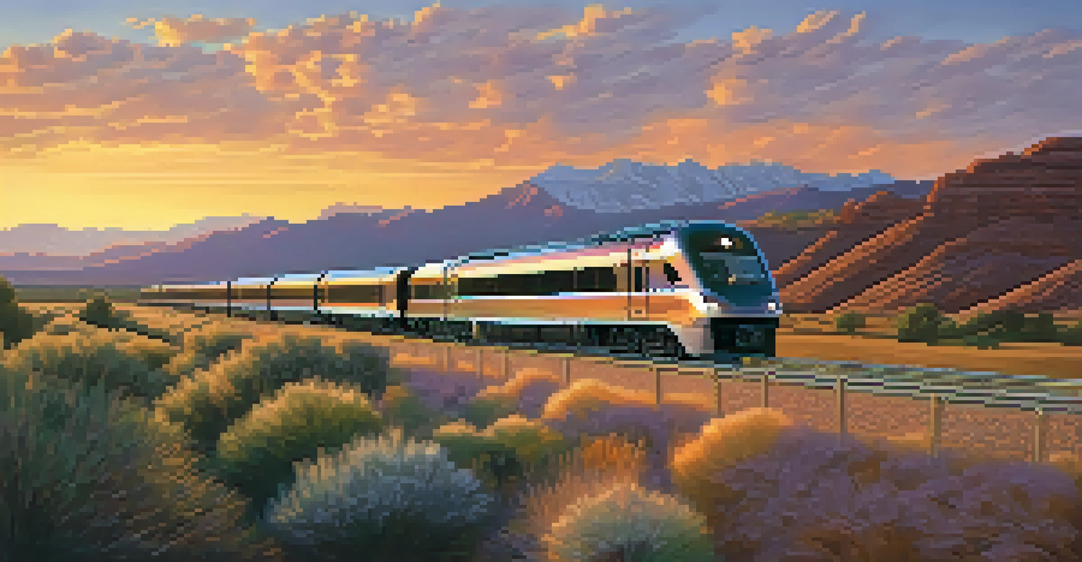 A FrontRunner commuter train passing through beautiful mountainous scenery at sunset.