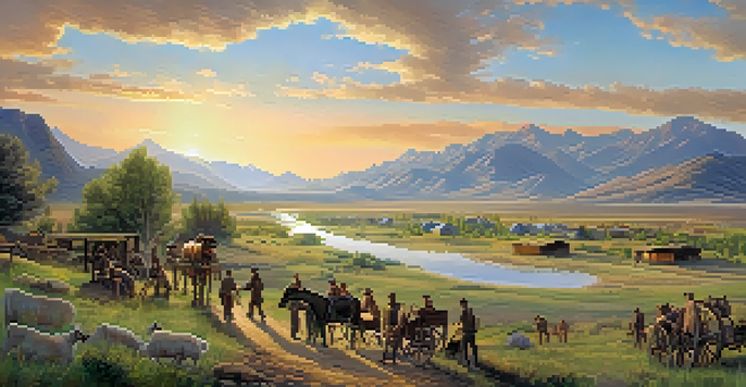 A panoramic view of the Salt Lake Valley in the mid-1800s with Mormon pioneers settling the area, displaying warm sunset colors and lush landscapes.