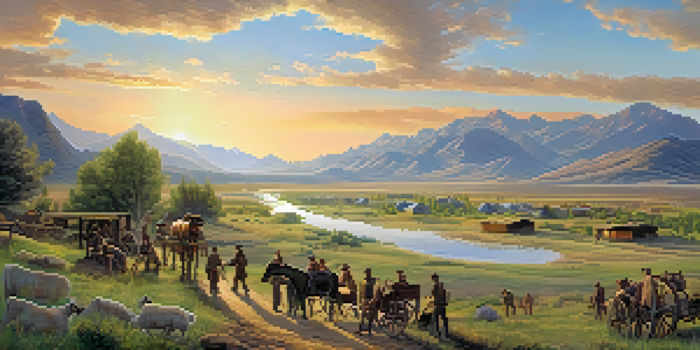 A panoramic view of the Salt Lake Valley in the mid-1800s with Mormon pioneers settling the area, displaying warm sunset colors and lush landscapes.