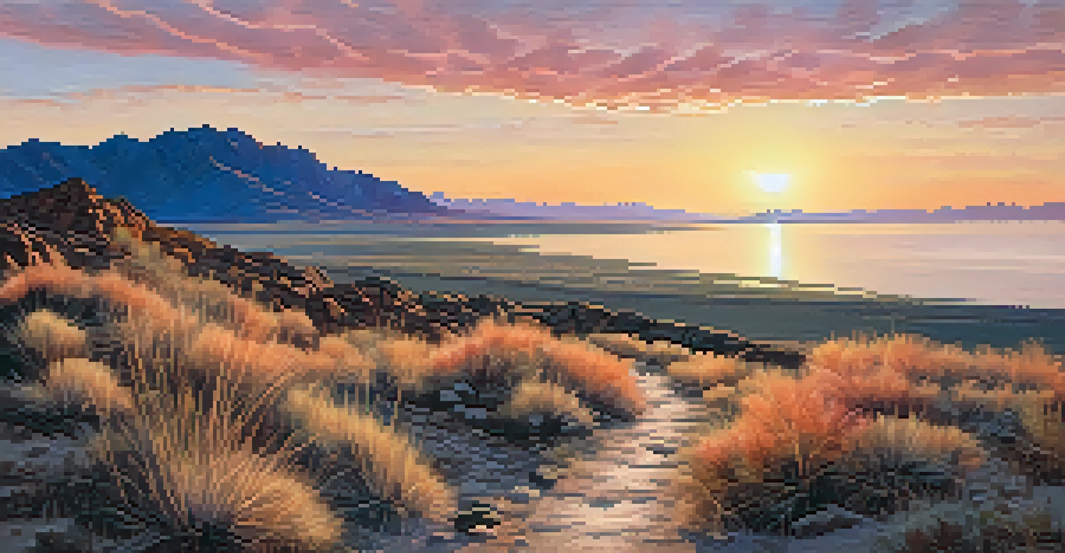 A scenic hiking trail along the Bonneville Shoreline, with views of the Great Salt Lake and a beautiful sunset in the background.
