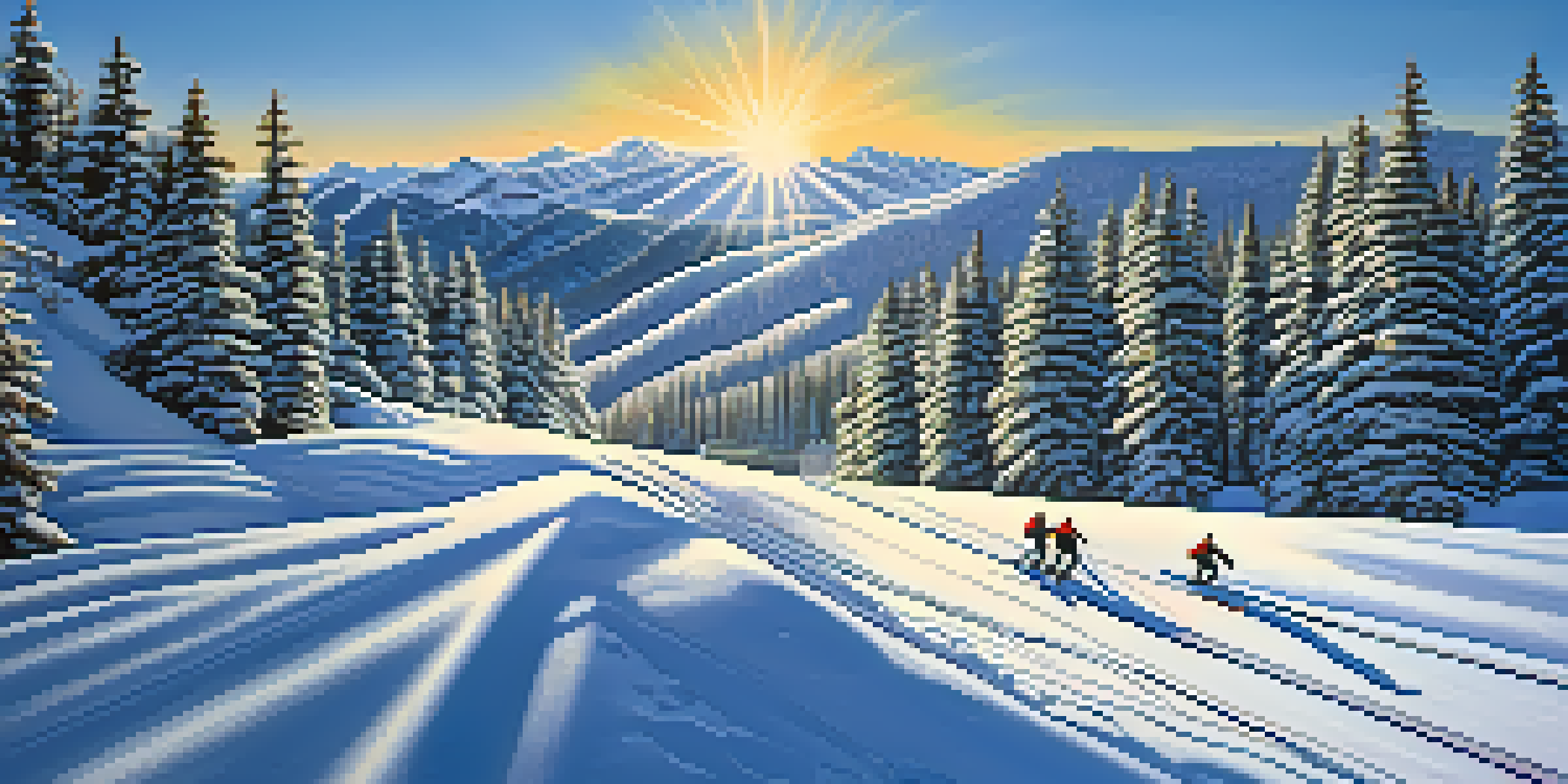 A snowy mountain landscape in Utah with skiers and frosted trees under a blue sky.