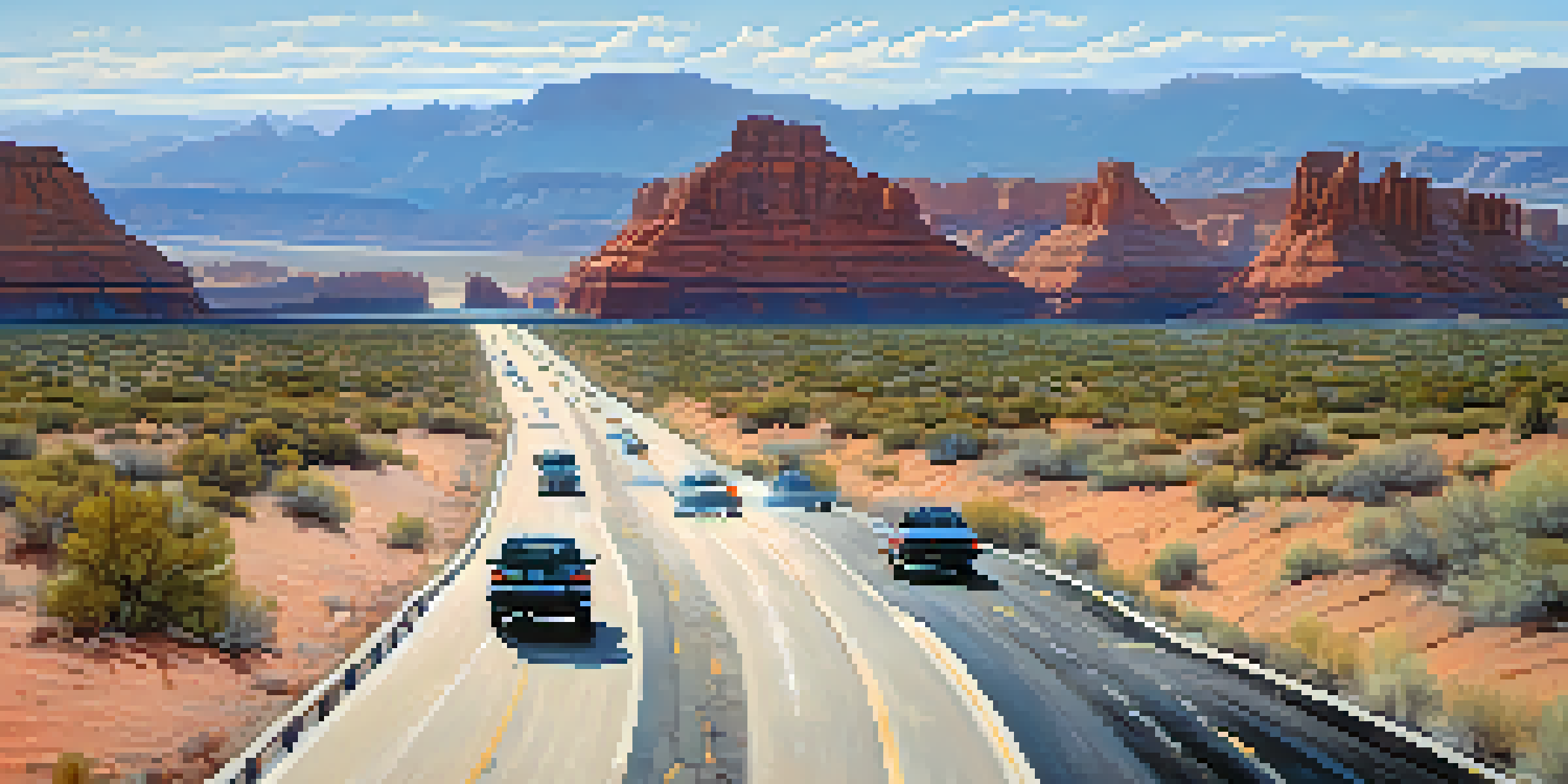 A wide view of Utah's Highway I-15 in a desert landscape, featuring red rocks and blue skies with vehicles on the road.
