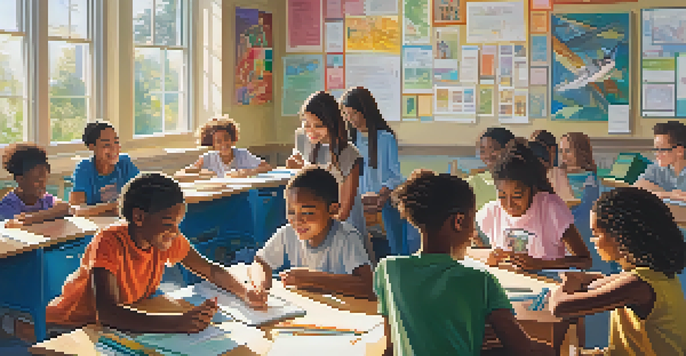 A bright classroom with diverse students working together on a project, sunlight streaming through windows.
