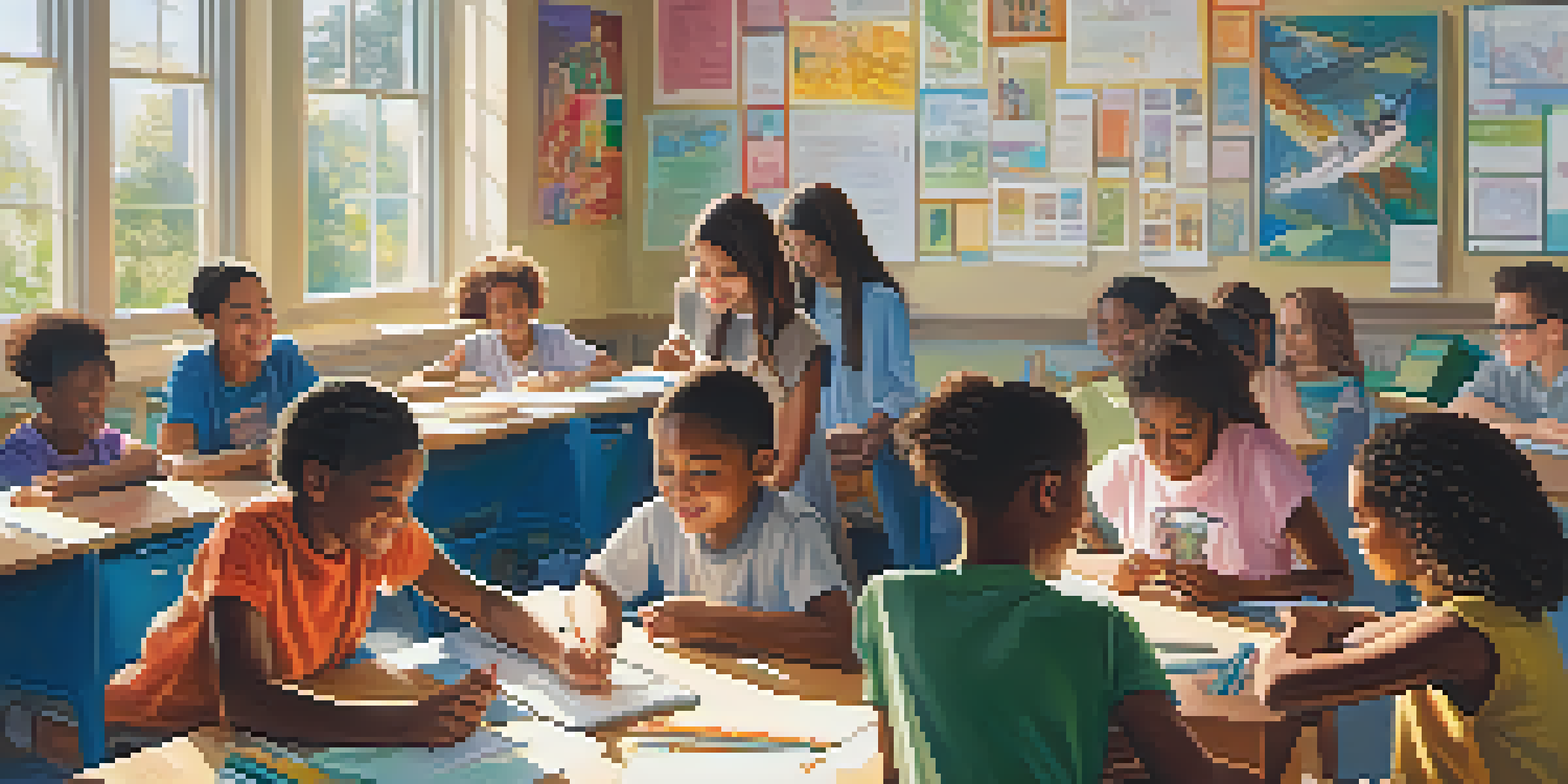 A bright classroom with diverse students working together on a project, sunlight streaming through windows.